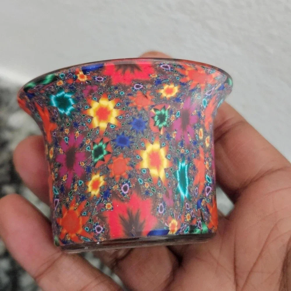 Glass tealight votive holder artful colorful floral modeling clay cozy decor
